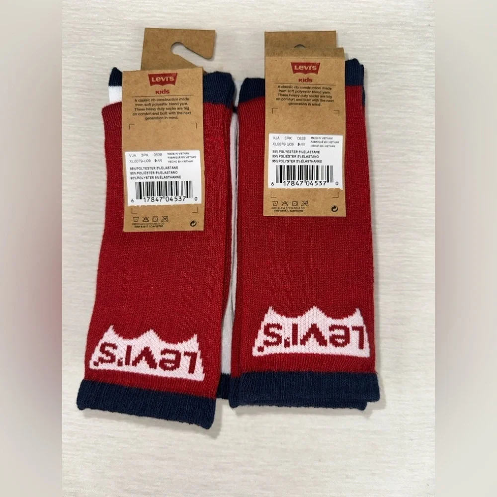 Levi's Kids Socks Blue Red White 9-11 Batwing Regular Cut 3-Pack Classic NWT